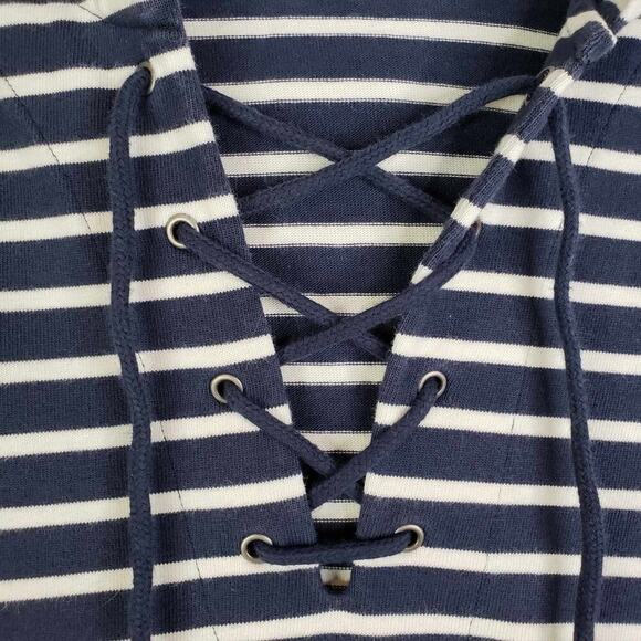 LL Bean Hoodie Womens Large L Blue Striped Henley Nautical Sweatshirt Casual - Picture 4 of 11